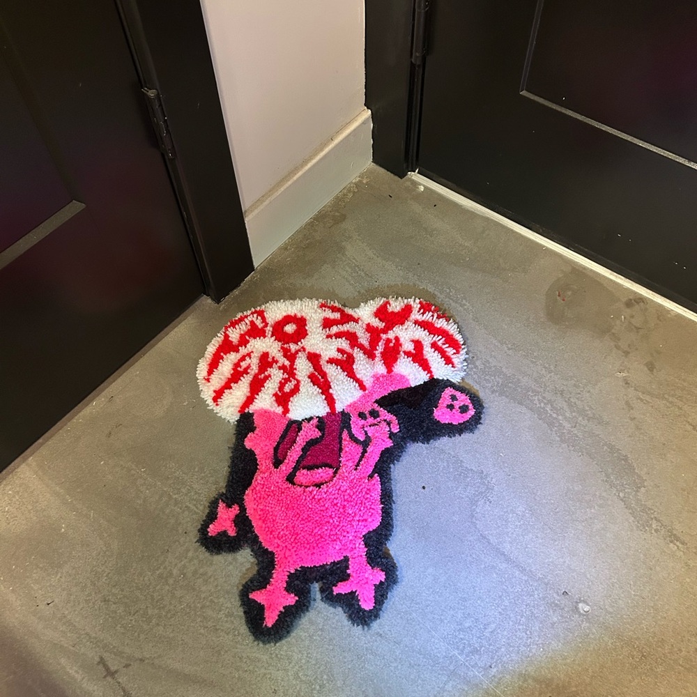 Spooky 3d pink pup-inspired custom rug hand-tufted and full of nostalgic cartoon